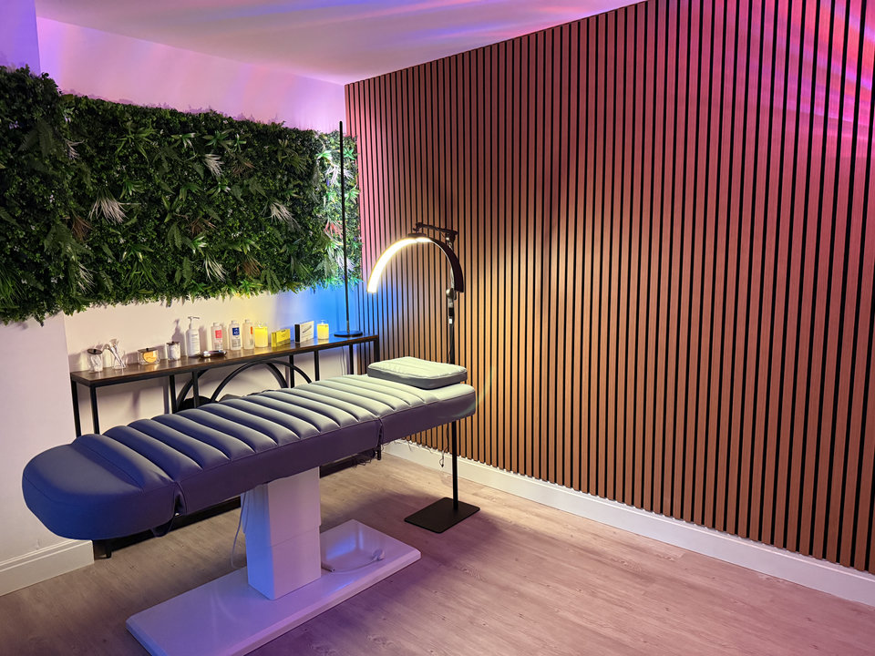 The studio with a living-green wall, timber slats and an illuminated treatment lamp